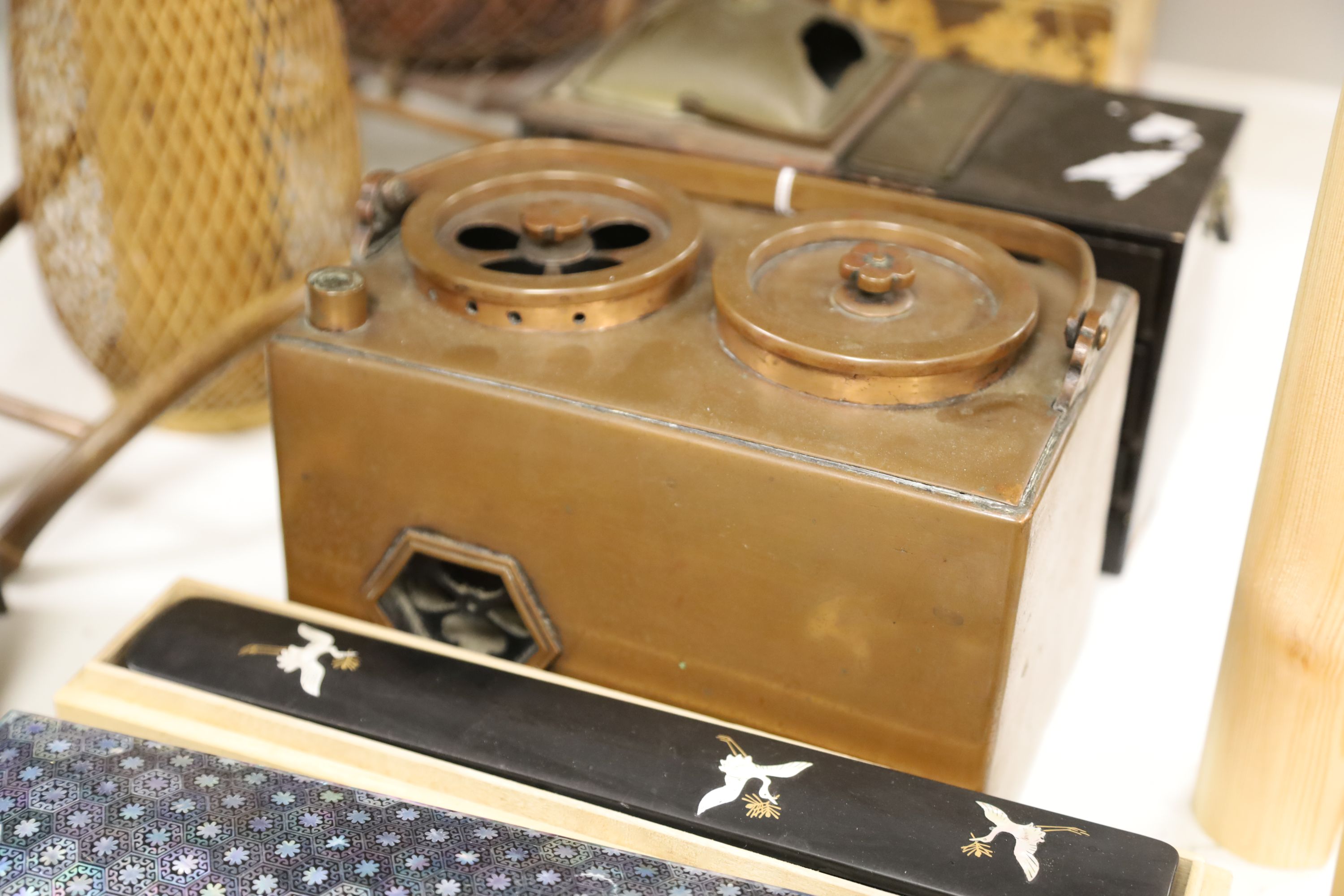 A group of Japanese lacquer wares, a portable smoking set and three basket weave ikebana (11)